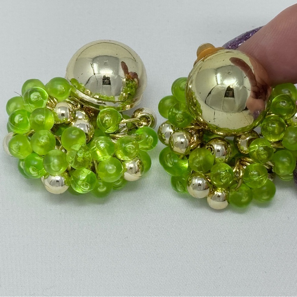 Gold-Tone Clip Earrings with Lime Green Bead Clusters